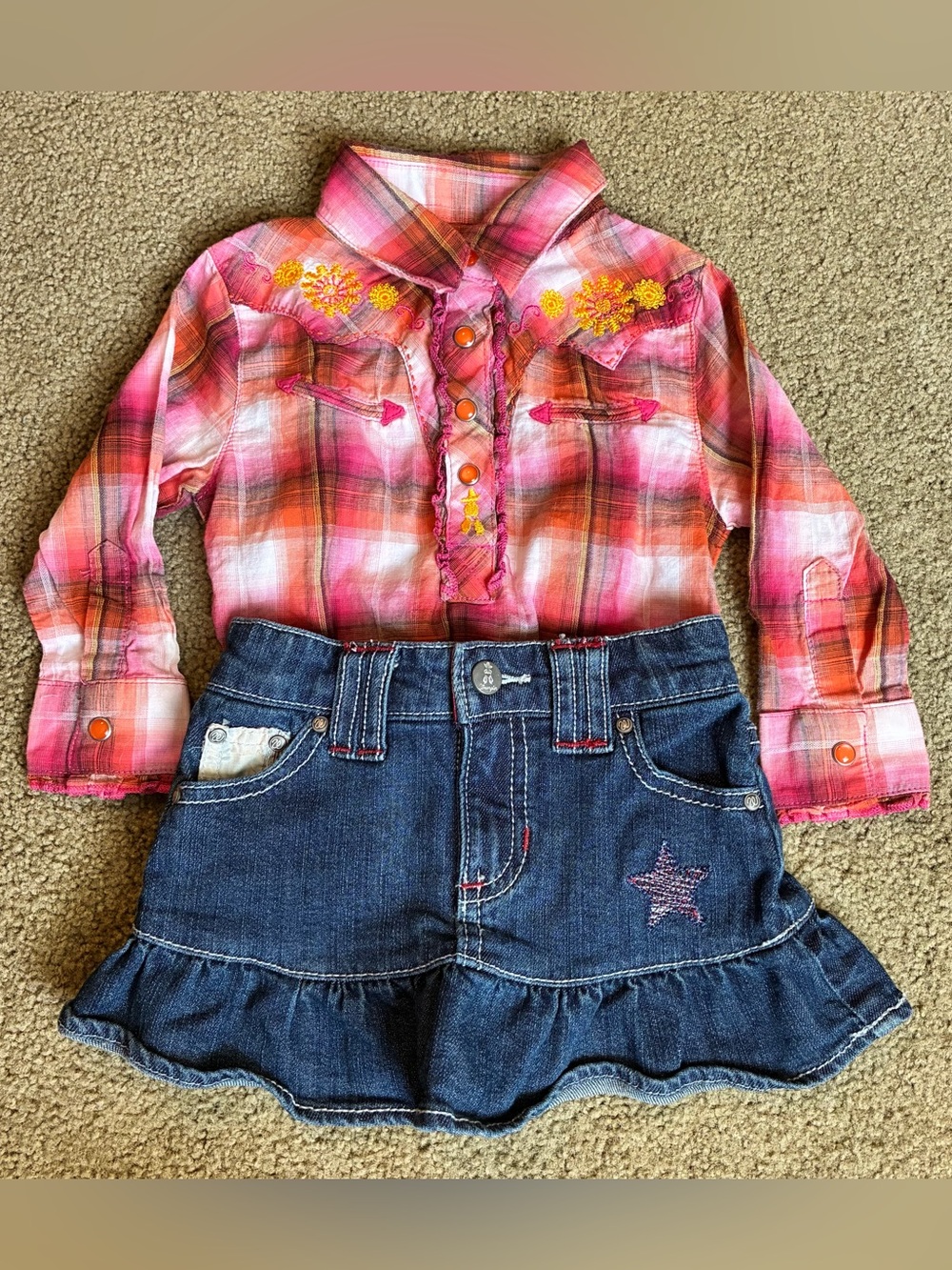 Baby Girl Wrangler Western Plaid Button-Front Top 12 mo Denim Jean Skirt 6/9 mo